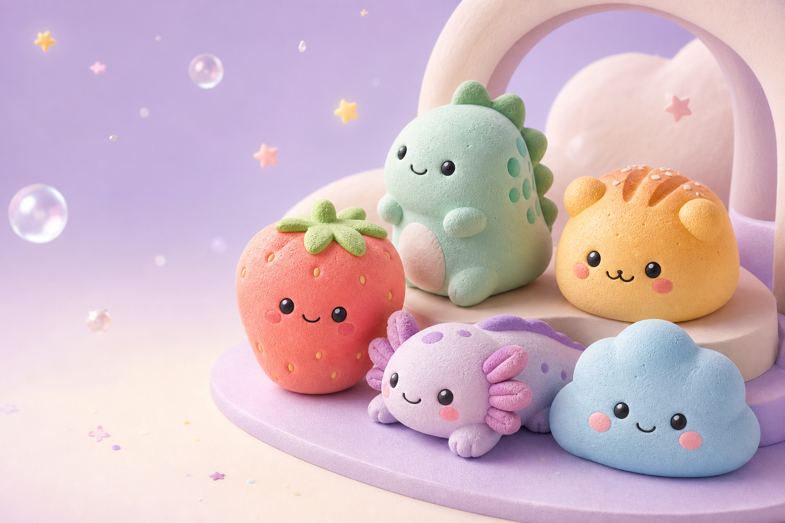 An original collection of colorful strawberry, dinosaur, bear bun, axolotl, and cloud squishies